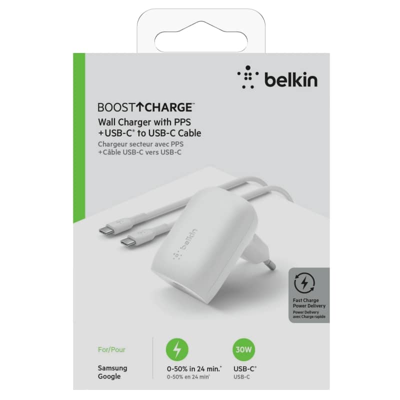 Chargeur BELKIN USB C PD 30W avec câble inclus Certifié USB C PD 3 0