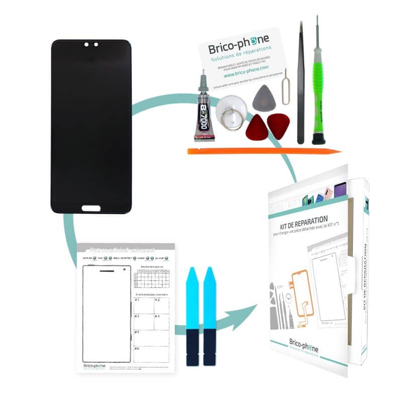 Kit de réparation Ecran Noir avec vitre et LCD prémonté Huawei P20