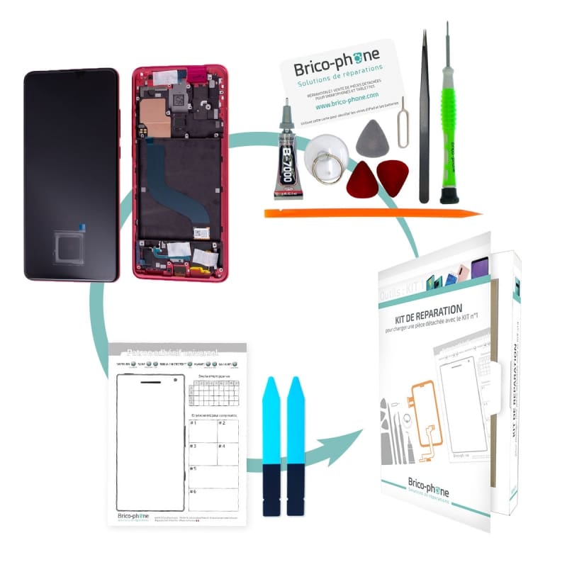 Kit de réparation Bloc écran Amoled complet pré-assemblé pour Xiaomi Mi 9T et Mi 9T Pro Rouge Flamme